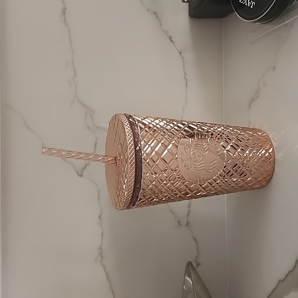 STARBUCKS NWT BRONZE PINK METALICA CUP WITH STRAW